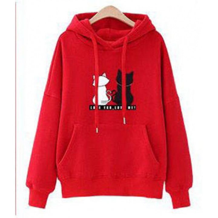 Damen Kapuzenpullover mit Katzen-Print, lockerem Schnitt und Kängurutasche Drune