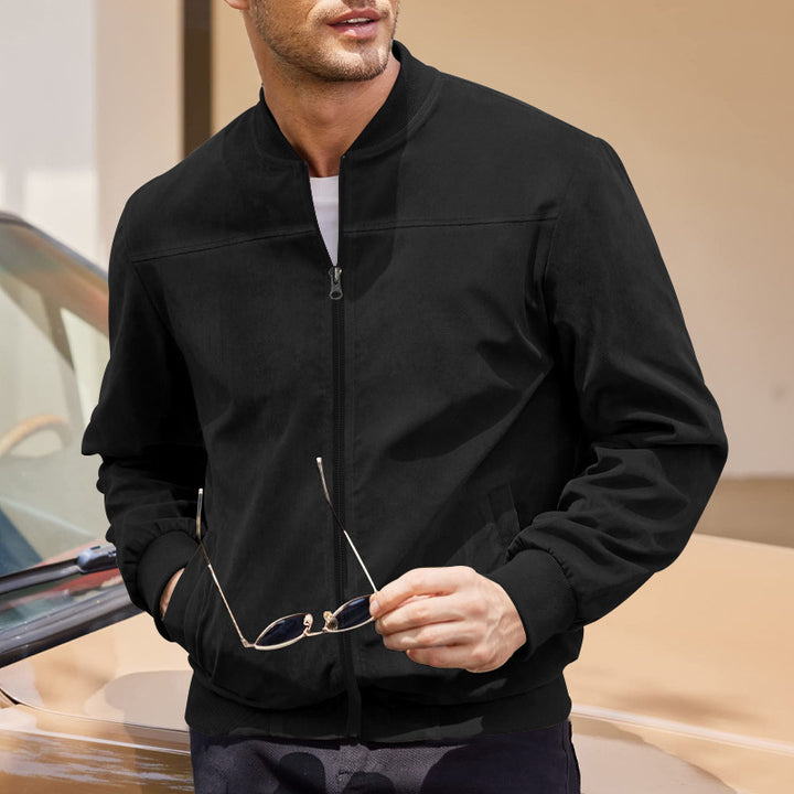 Herren Veloursleder-Bomberjacke mit Stehkragen, Rippbündchen und durchgehendem Reißverschluss Drune