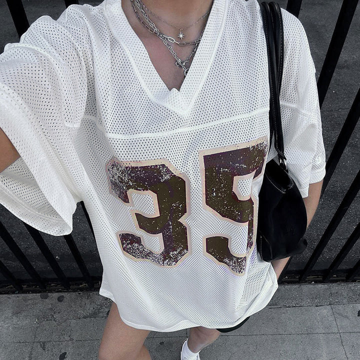 Damen sportliches Football-Trikot mit klassischem V-Ausschnitt und großen Druckzahlen Drune