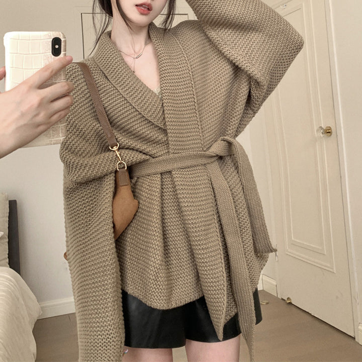 Damen gemütlicher Cardigan mit breiten Ärmeln und Taillengürtel Drune