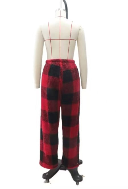 Damen nan kuschelige karierte Fleece-Hose mit Tunnelzugbund und weitem Bein Drune