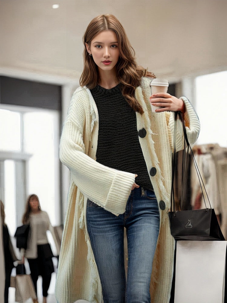 Damen Grobstrickmantel mit Fransen und elegantem Knopfverschluss Drune