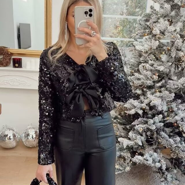 Damen nan Pailletten-Bolerojacke mit doppelt gebundenen Satin‑Schleifen und kurzer Cropped‑Silhouette Drune
