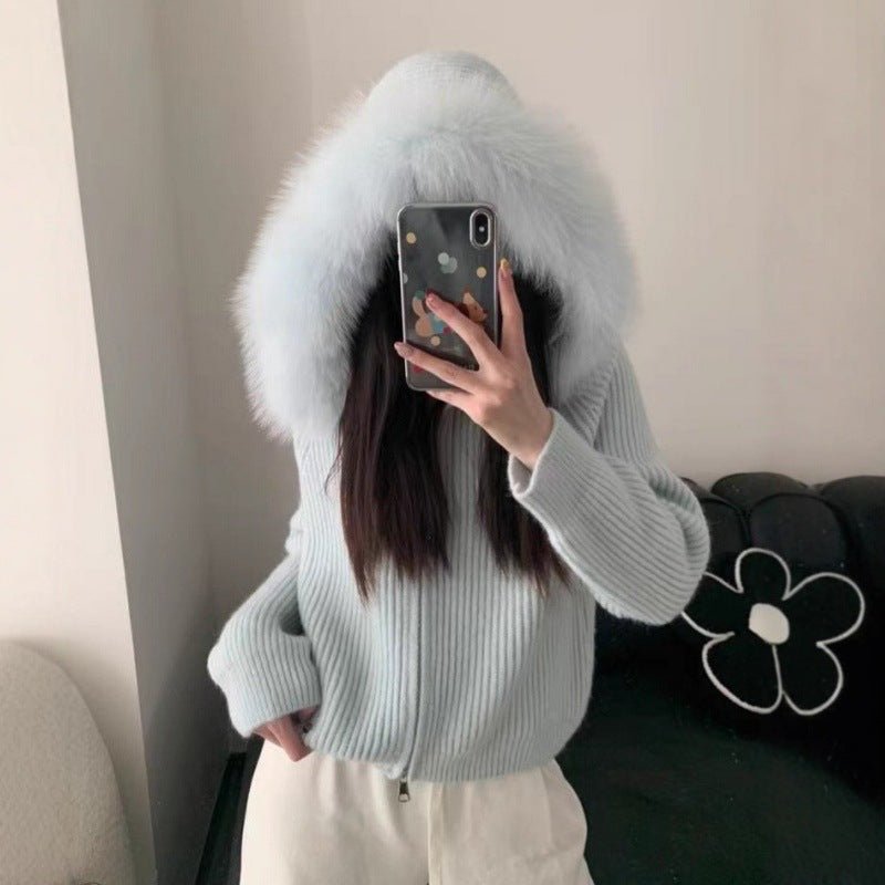 Damen Softes Rippenstrickjacke mit luxuriösem Pelzkragen Drune