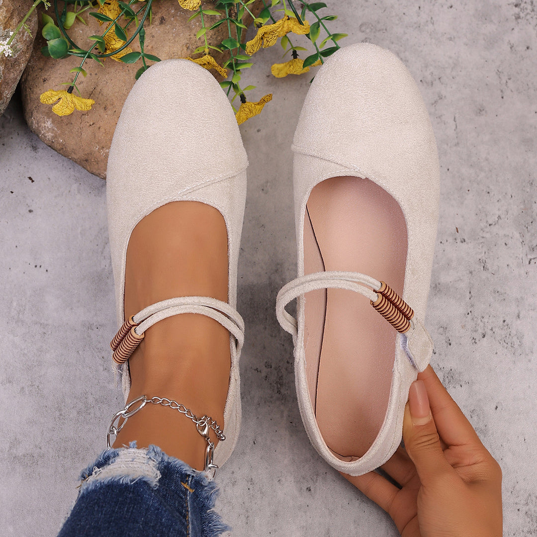 Damen nan flache Mary-Jane Ballerinas aus Veloursimitat mit elastischem Zierband und gepolsterter Komfortinnensohle Drune