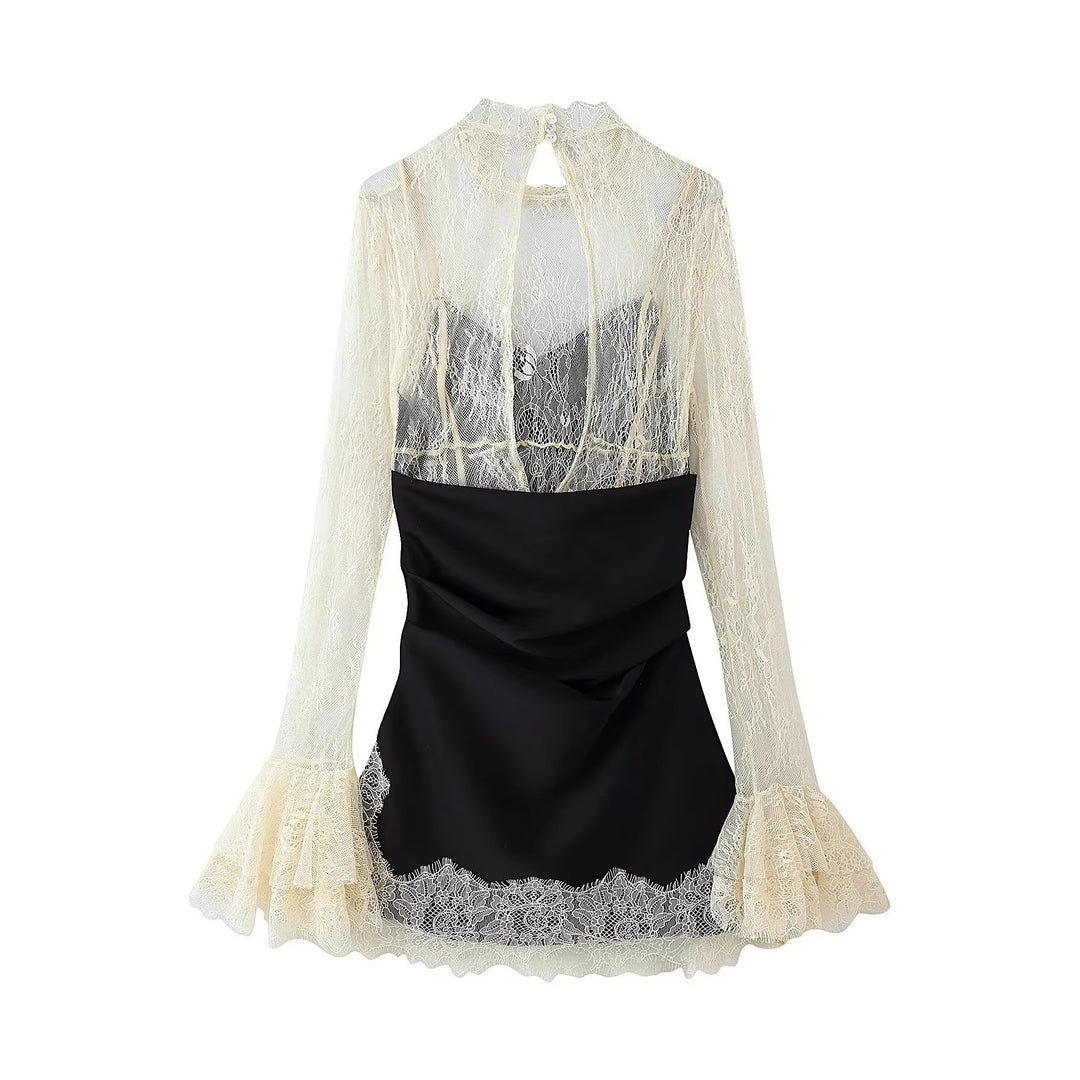 Damen Elegantes Slipkleid mit Spitzen-Overlay, Stehkragen und Volantärmeln Drune