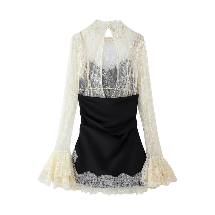 Damen Elegantes Slipkleid mit Spitzen-Overlay, Stehkragen und Volantärmeln Drune
