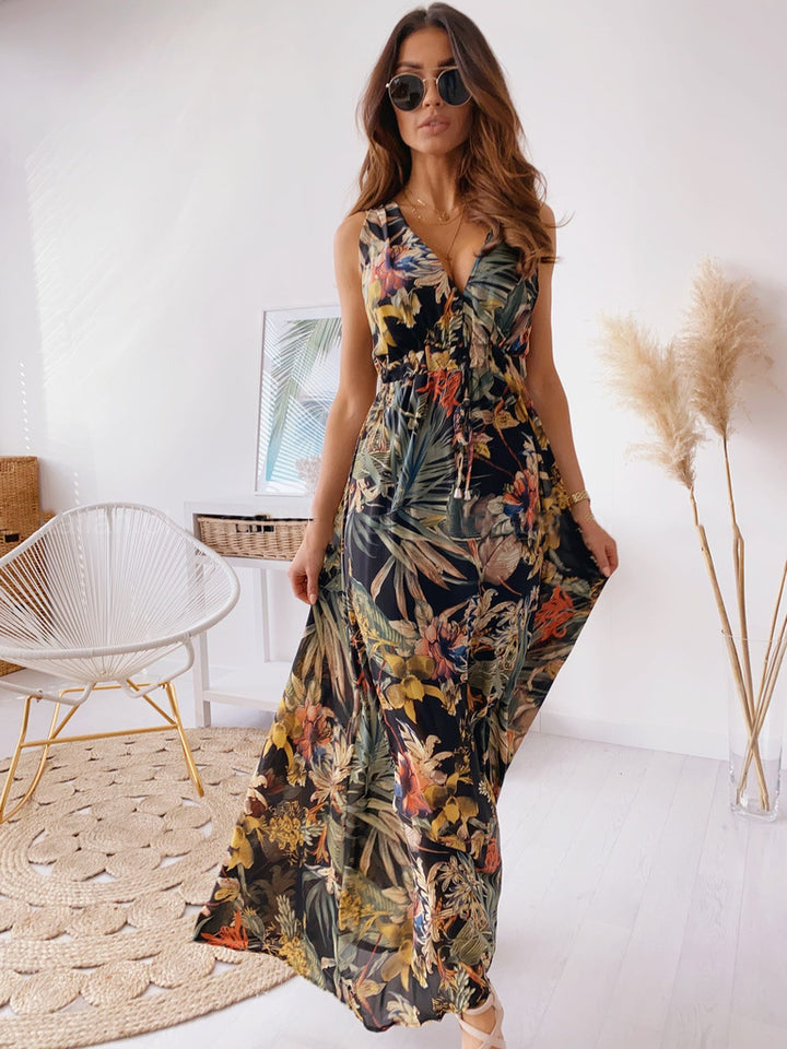 Damen Maxikleid mit V-Ausschnitt und raffiniertem Bindegürtel Drune