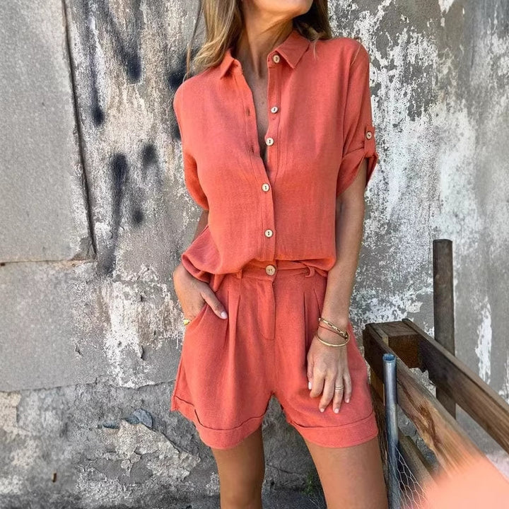 Damen Kurzoverall mit elegantem Hemdkragen und Taillengürtel Drune