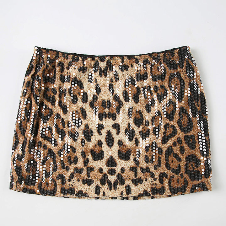 Damen Pailletten-Minikleid mit Leopardenmuster und verstellbaren Spaghettiträgern Drune