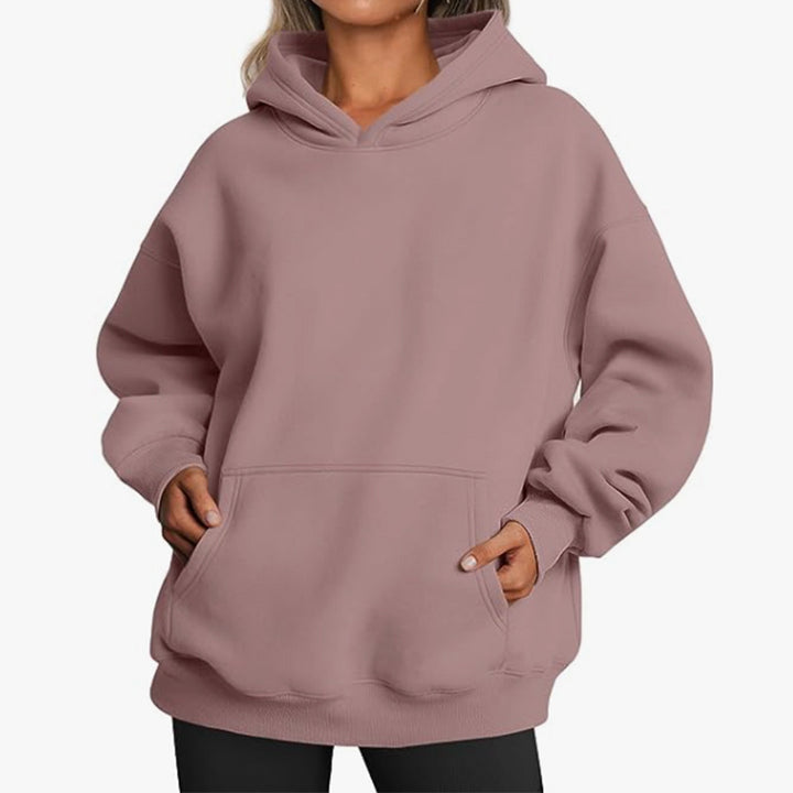 Damen nan Relax-Fleece Kapuzenpullover mit Kängurutasche, verlängerter Rücken und überschnittener Schulter Drune