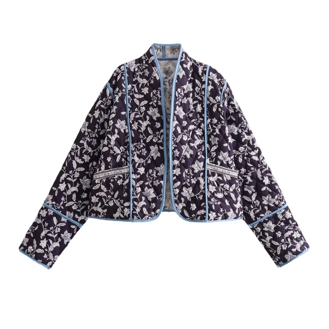 Damen Gestepptes Cropped-Steppjacke mit floralem Allovermuster und kontrastierender Paspelierung Drune