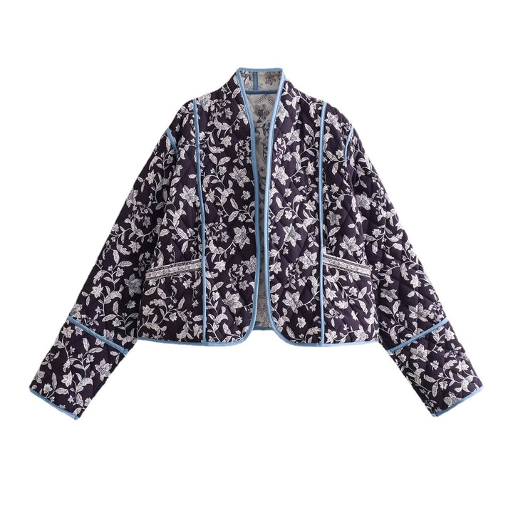 Damen Gestepptes Cropped-Steppjacke mit floralem Allovermuster und kontrastierender Paspelierung Drune