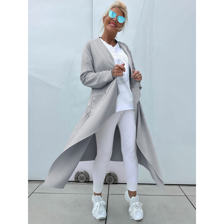 Damen Langer Fließender Longcardigan mit Wasserfall-Saum und Eingrifftaschen Drune