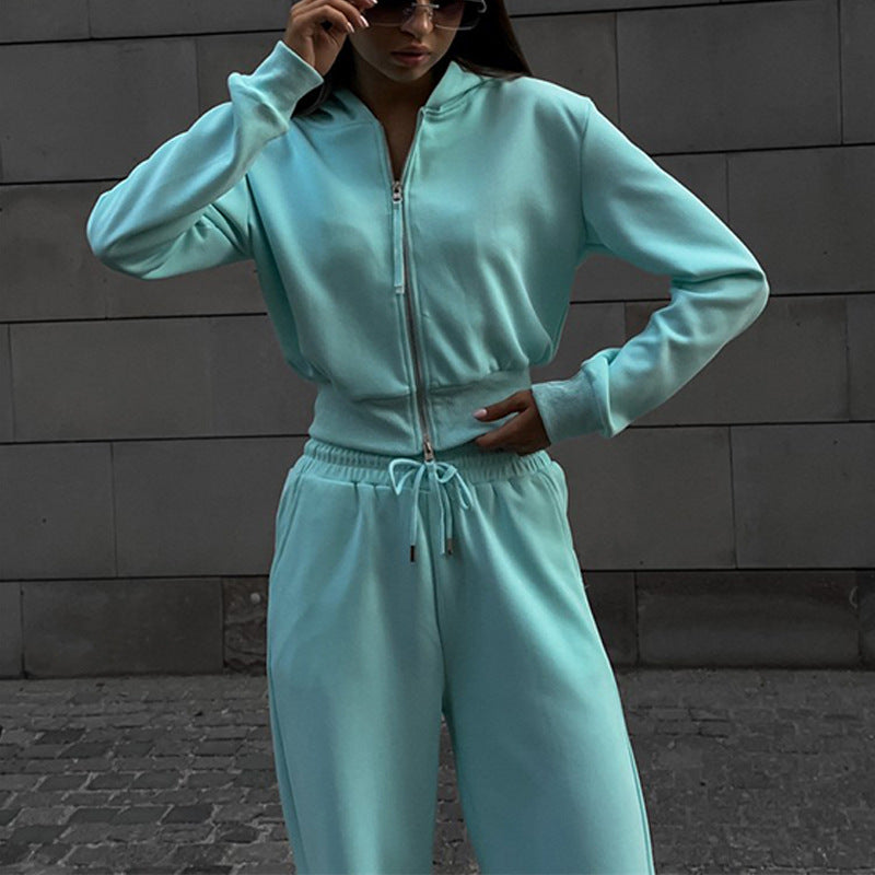 Damen Zweiteiliges Loungewear-Set mit kurzem Zip-Bomber und weiter High-Waist-Palazzohose Drune