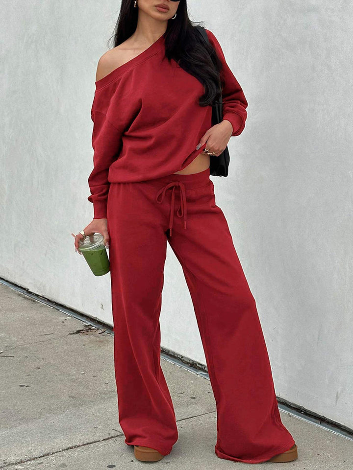Damen Lässiges Off-Shoulder Lounge-Set aus French-Terry mit weitem Bein und Kordelzug Drune