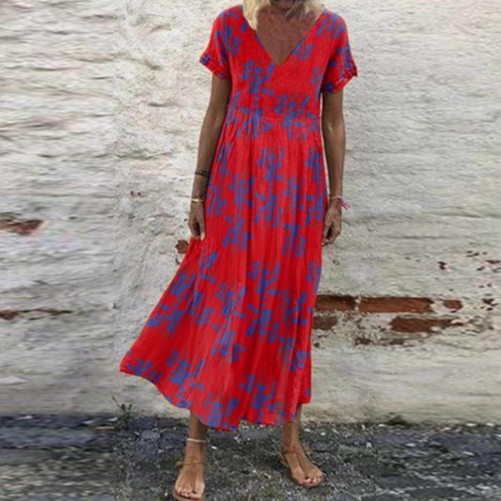 Damen nan V-Ausschnitt-Maxikleid mit feinem Faltenrock, Empire-Passe und Kurzarm Drune