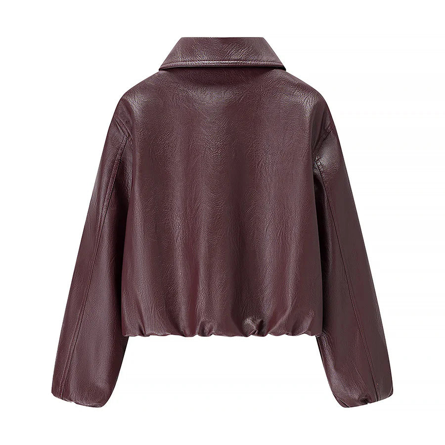 Damen nan cropped Glanz-Kunstlederjacke im Bomberstil mit Hemdkragen und elastischem Saum Drune
