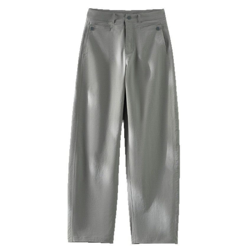 Damen hochtaillierte weite Stoffhose mit geradem Bein, Komfortbund und Eingrifftaschen Drune