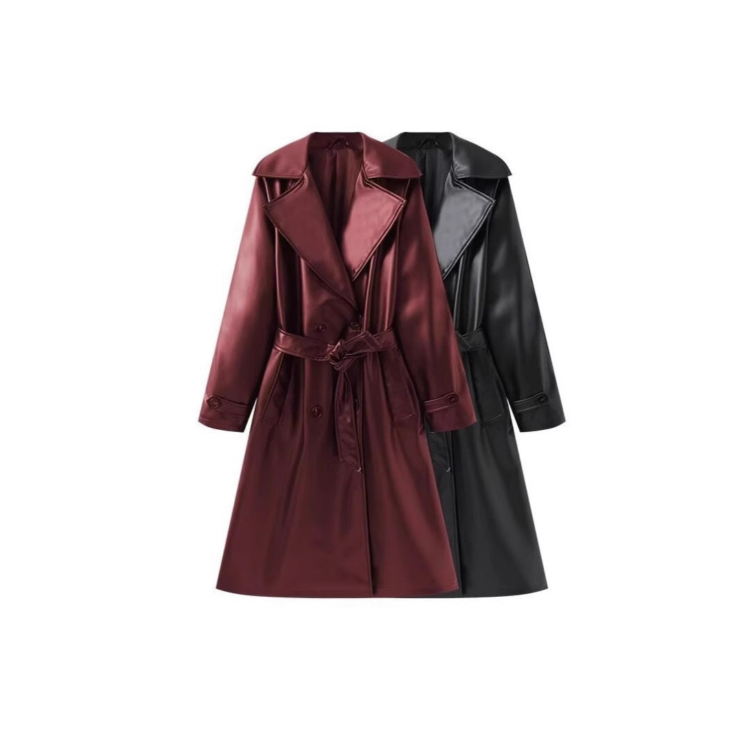 Damen Lange glänzende Trenchcoat-Übergangsjacke aus Lederoptik mit Taillengürtel Drune
