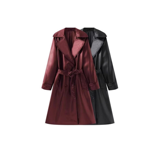 Damen Lange glänzende Trenchcoat-Übergangsjacke aus Lederoptik mit Taillengürtel Drune