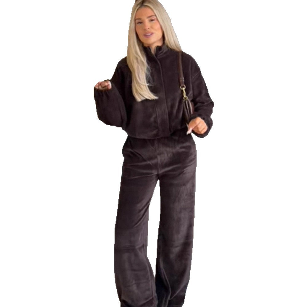 Damen Samt-Relax-Set mit Reißverschluss-Jacke, Stehkragen & High‑Waist Weitbein‑Hose Drune