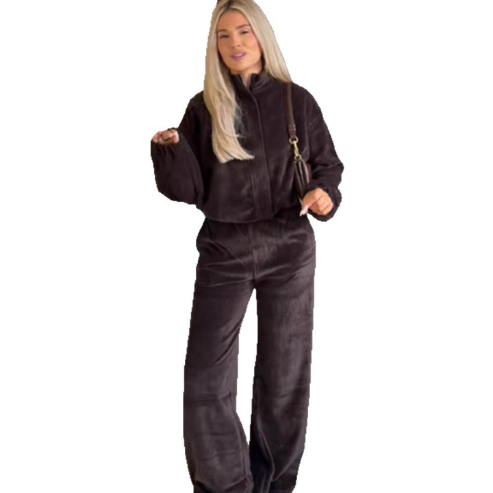 Damen Samt-Relax-Set mit Reißverschluss-Jacke, Stehkragen & High‑Waist Weitbein‑Hose Drune