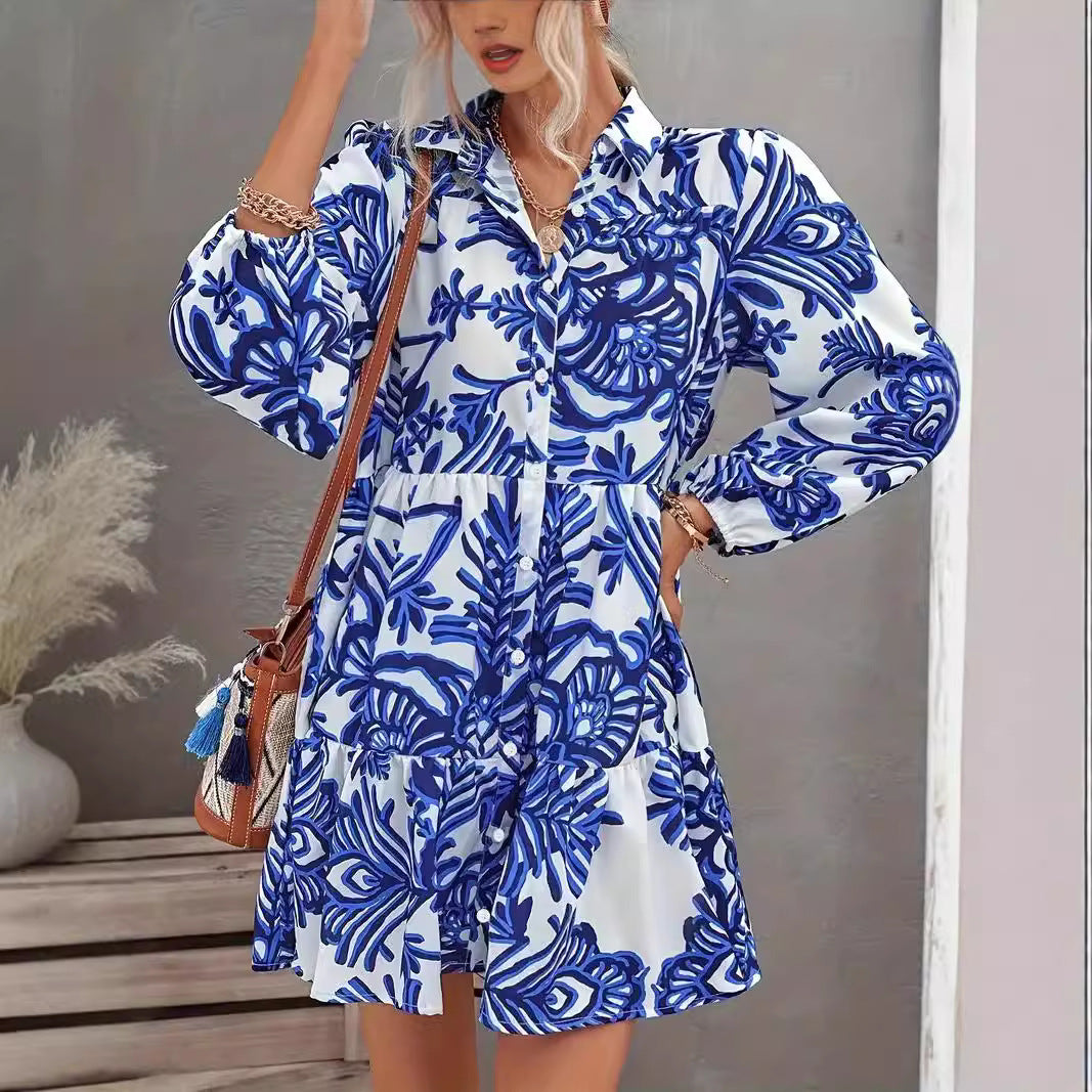 Damen Hemdblusenkleid mit voluminösem Rock und floralem Muster Drune