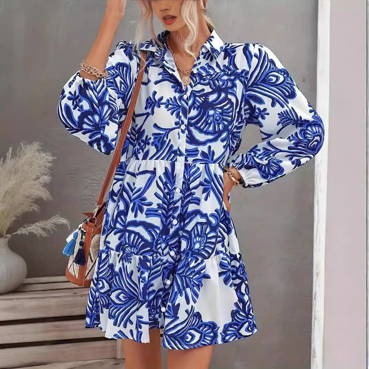 Damen Hemdblusenkleid mit voluminösem Rock und floralem Muster Drune