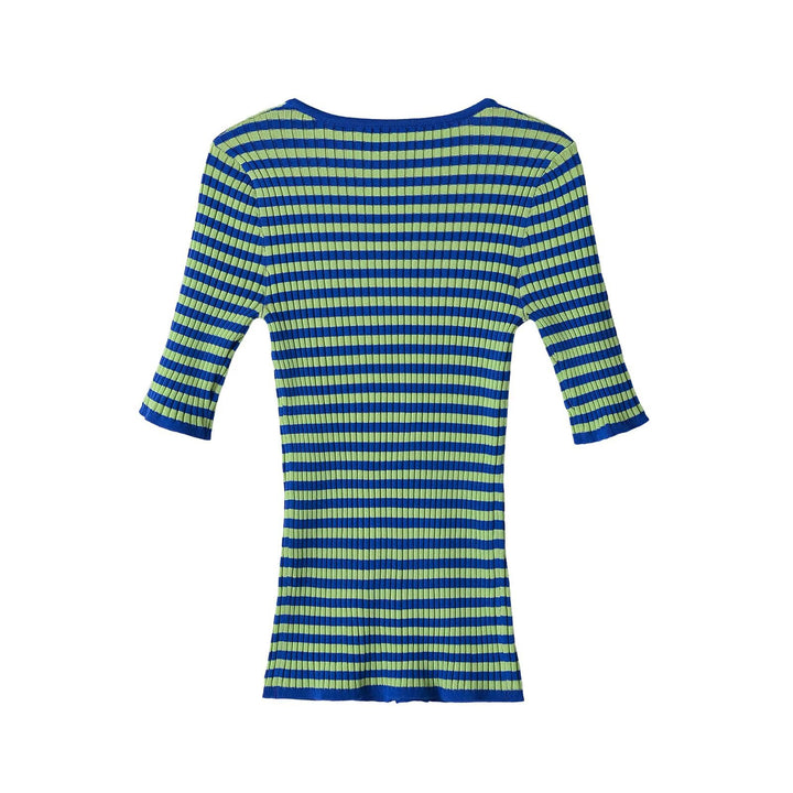 Damen Gerippte Kurzarm-Buttoncardigan mit tiefem Rundhals und figurbetonter Passform Drune