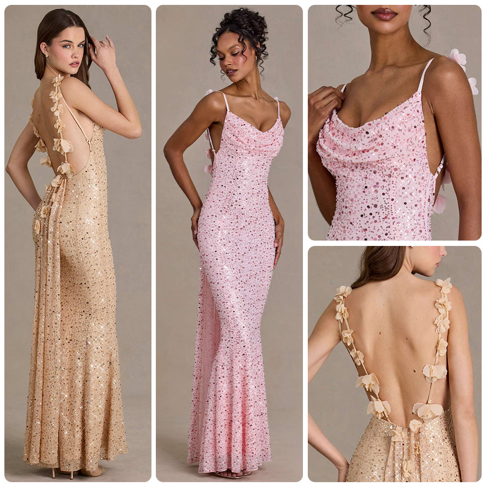Damen elegantes Pailletten-Maxi-Kleid mit schickem Wasserfallausschnitt und figurbetonter Silhouette Drune