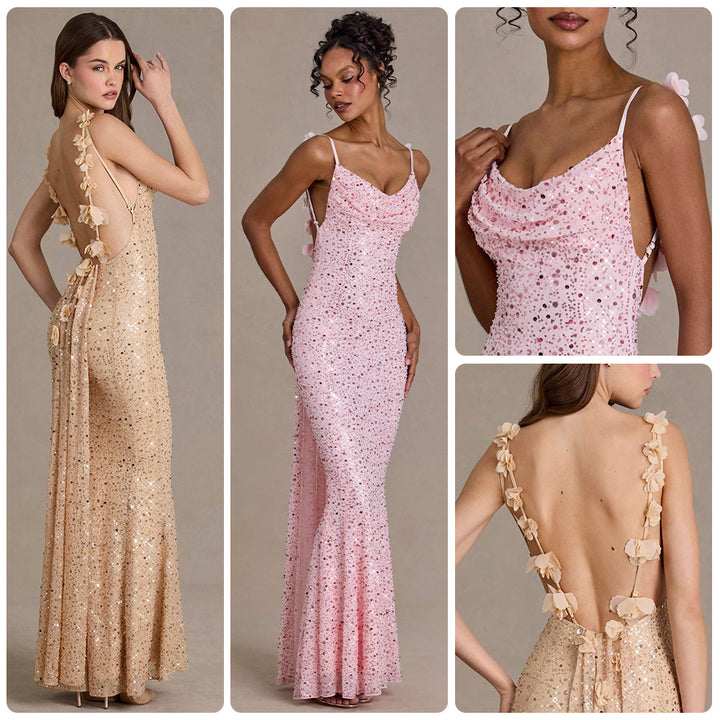 Damen elegantes Pailletten-Maxi-Kleid mit schickem Wasserfallausschnitt und figurbetonter Silhouette Drune