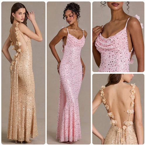 Damen elegantes Pailletten-Maxi-Kleid mit schickem Wasserfallausschnitt und figurbetonter Silhouette Drune