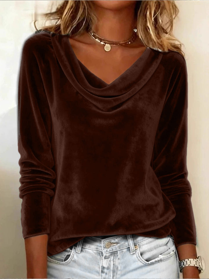 Damen Samt-Longsleeve mit Wasserfallkragen und legerem Schnitt Drune