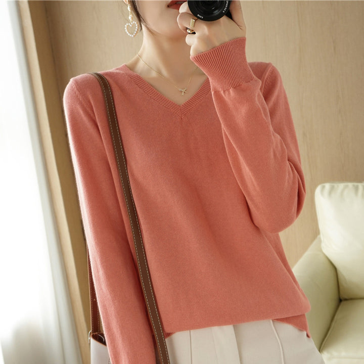 Damen Leichter V‑Ausschnitt Feinstrickpullover aus kaschmirweicher Baumwollmischung mit elastischen Rippbündchen Drune