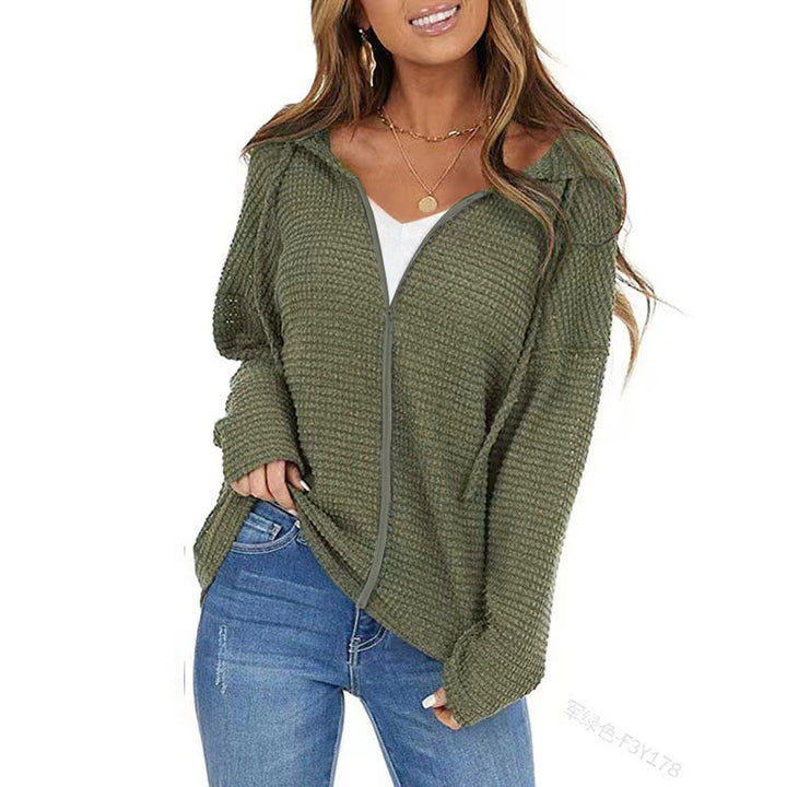 Damen Oversize Waffelstrick-Kapuzenpullover mit Reißverschluss Drune