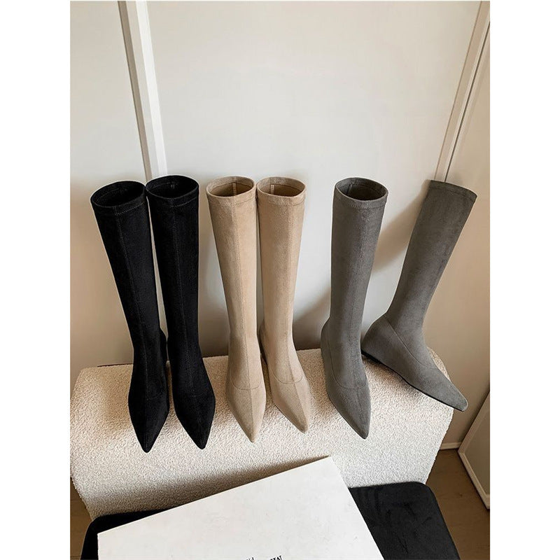 Damen Kniehohe Stretch‑Stiefel mit spitzer Zehenpartie und integriertem Keilabsatz Drune