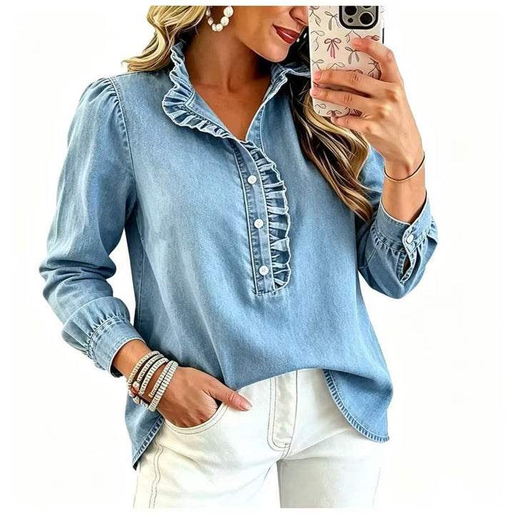 Damen Denim-Bluse mit Rüschenkragen und Puffärmeln Drune