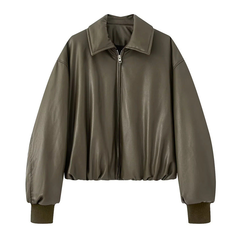Damen nan gepolsterte Cropped Kunstleder-Bomberjacke mit Hemdkragen elastischem Saum und Rippbündchen Drune