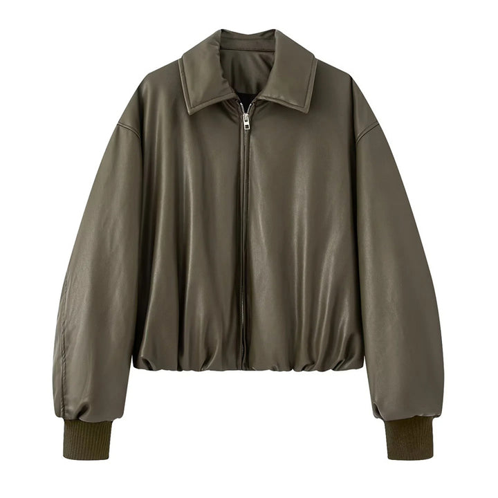 Damen nan gepolsterte Cropped Kunstleder-Bomberjacke mit Hemdkragen elastischem Saum und Rippbündchen Drune
