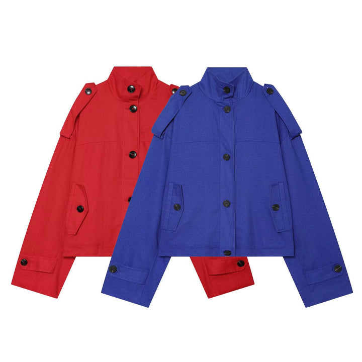Damen Kurzjacke mit Stehkragen, Schulterriegeln und Knopfverschluss Drune