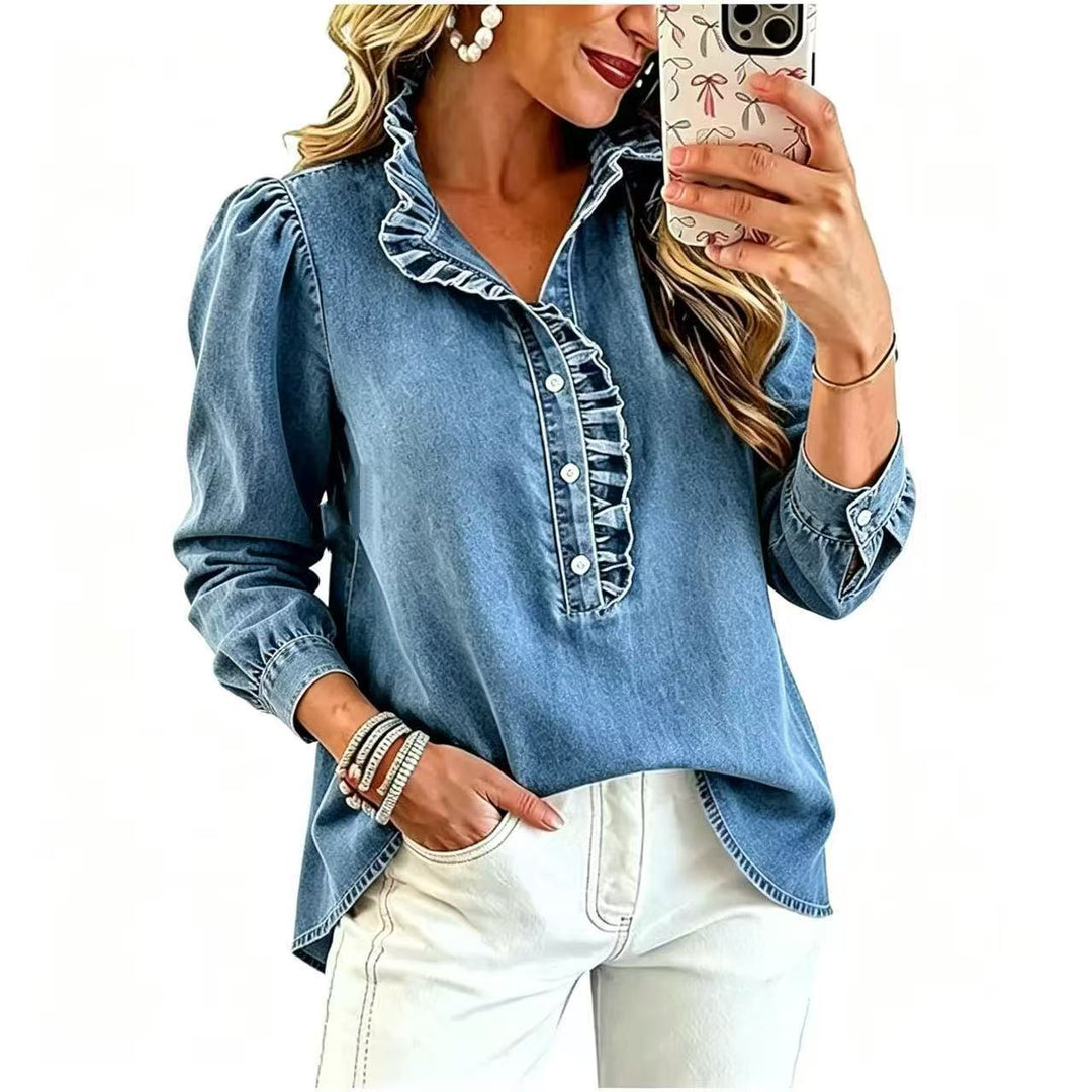 Damen Denim-Bluse mit Rüschenkragen und Puffärmeln Drune