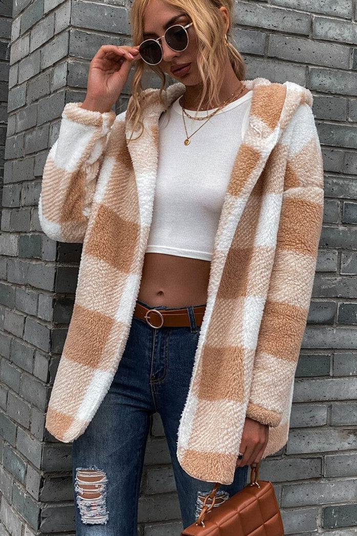 Drune | Lamm Lockerer Kapuzen Plaid Strickjacke Jacke