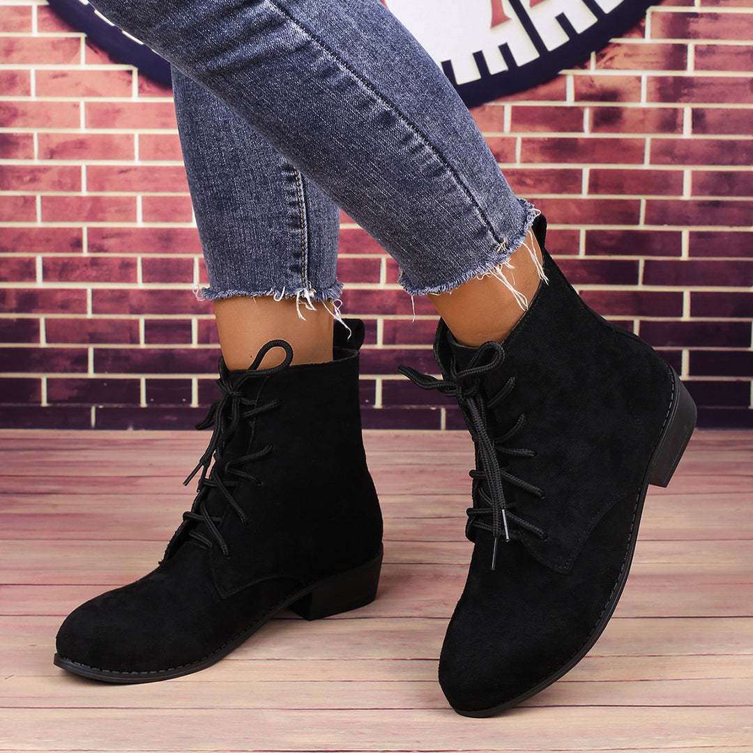 Damen nan knöchelhohe Schnürstiefelette mit soften Veloursoptik, praktischer Zugschlaufe und niedrigem Blockabsatz Drune