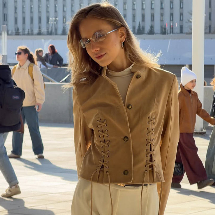 Damen Kurzjacke aus Veloursleder-Optik mit seitlichen Schnürungen & Stehkragen Drune