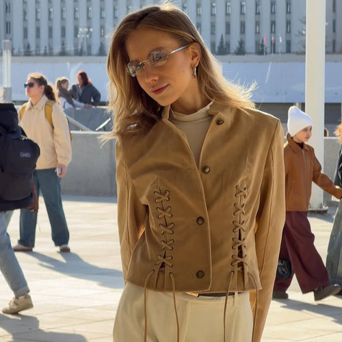 Damen Kurzjacke aus Veloursleder-Optik mit seitlichen Schnürungen & Stehkragen Drune