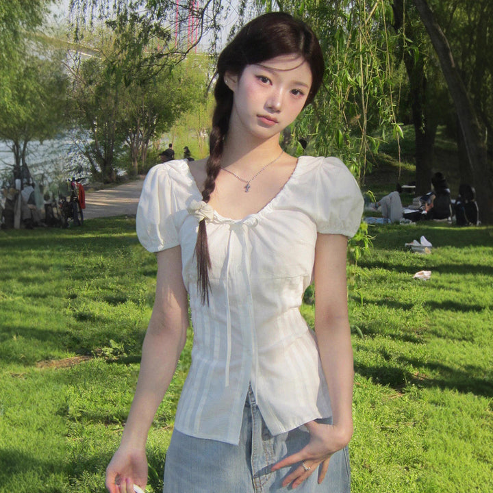 Damen elegante Bluse mit Rüschendetails und Knopfverschluss Drune