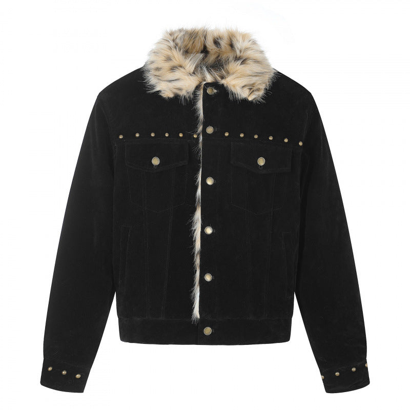 Herren Kurzjacke aus Velourslederimitat mit Kunstfellkragen und Nieten-Details Drune