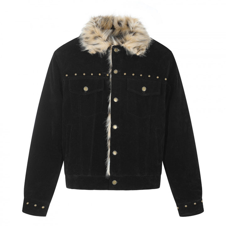 Herren Kurzjacke aus Velourslederimitat mit Kunstfellkragen und Nieten-Details Drune