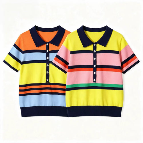 Damen Kurzärmeliges Strickpoloshirt mit Knopfleiste und Blockstreifen Drune